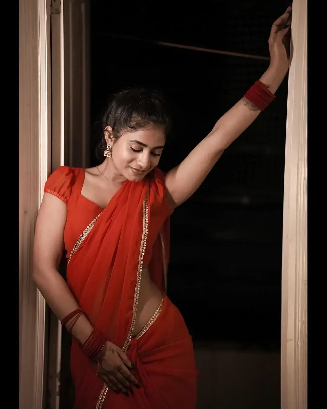 South Indian Actress Nayani Pavani in Traditional Red Saree